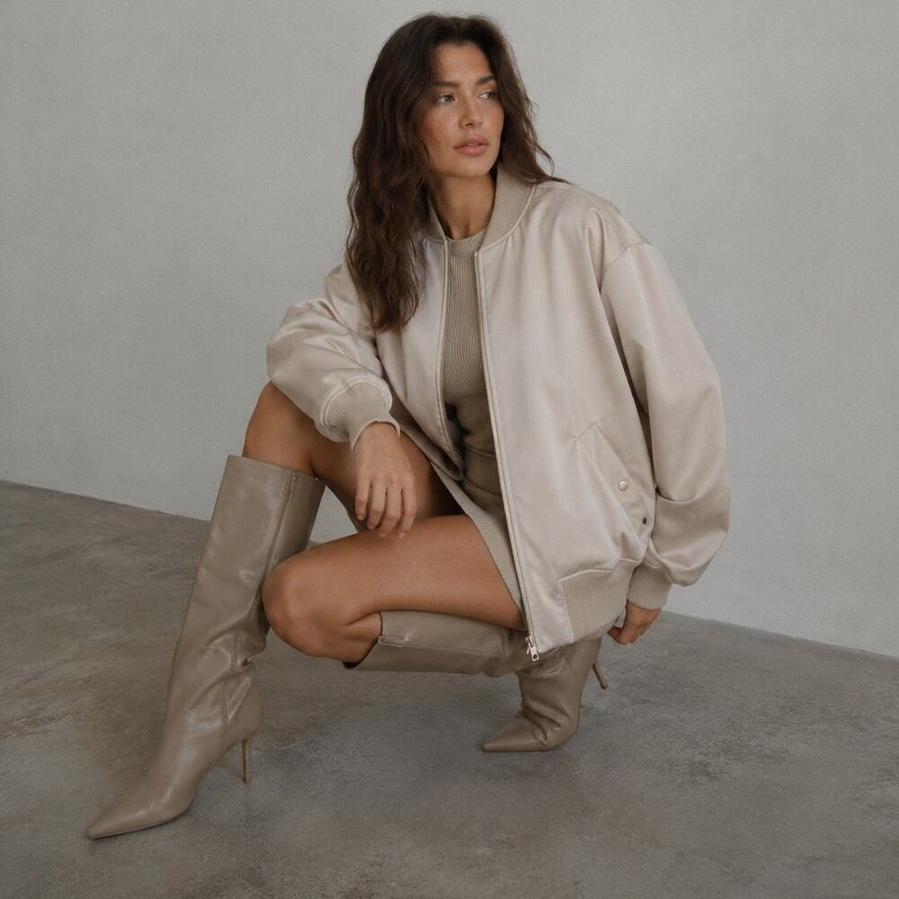 Grey Lab Women's Unisex Oversized Cream Satin Bomber Jacket, size XS